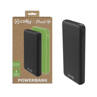 Power bank nero Celly da 10000 mAh con 2 USB + Type-C – confezione ecologica