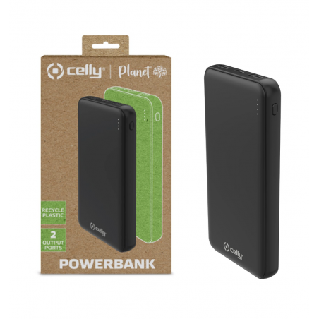Power bank nero Celly da 10000 mAh con 2 USB + Type-C – confezione ecologica