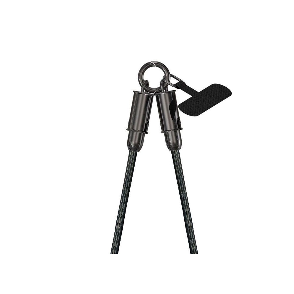Dettaglio cordino nero Tech Style con connettori USB-C nascosti e anello portatelefono integrato