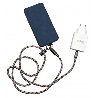 Cavo USB-C integrato nel cordino bicolore collegato a caricatore per ricarica veloce