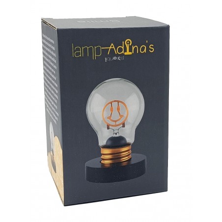 confezione Lampadina LED Smile con design smile arancione, linea Lamp-Adina's NelQuieOra su scatola nera