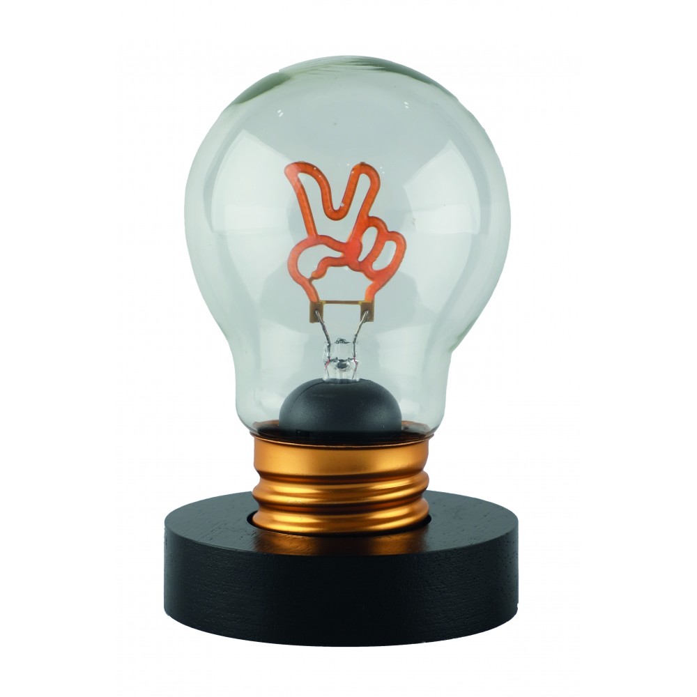 Lampadina decorativa LED Pace con base nera e LED arancione a forma di mano con segno di vittoria, Lamp-Adina's NelQuieOra