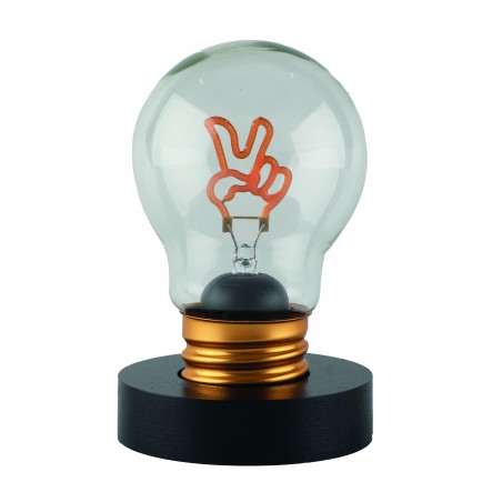 Lampadina decorativa LED Pace con base nera e LED arancione a forma di mano con segno di vittoria, Lamp-Adina's NelQuieOra
