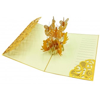 Biglietto auguri elegante con farfalle dorate pop-up 3D, formato origami su sfondo chiaro con decorazioni pregiate e spazio per messaggio personalizzato.