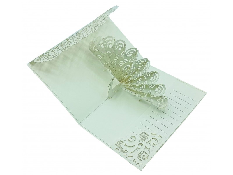 Biglietto auguri pavone intaglio 3D elegante color avorio pop-up