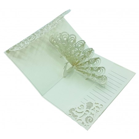 Biglietto auguri pavone intaglio 3D elegante color avorio pop-up