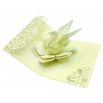 Biglietto nozze pop-up cigno avorio aperto con fiore