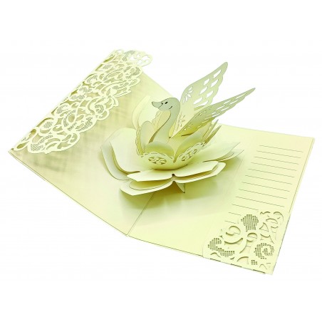 Biglietto nozze pop-up cigno avorio aperto con fiore