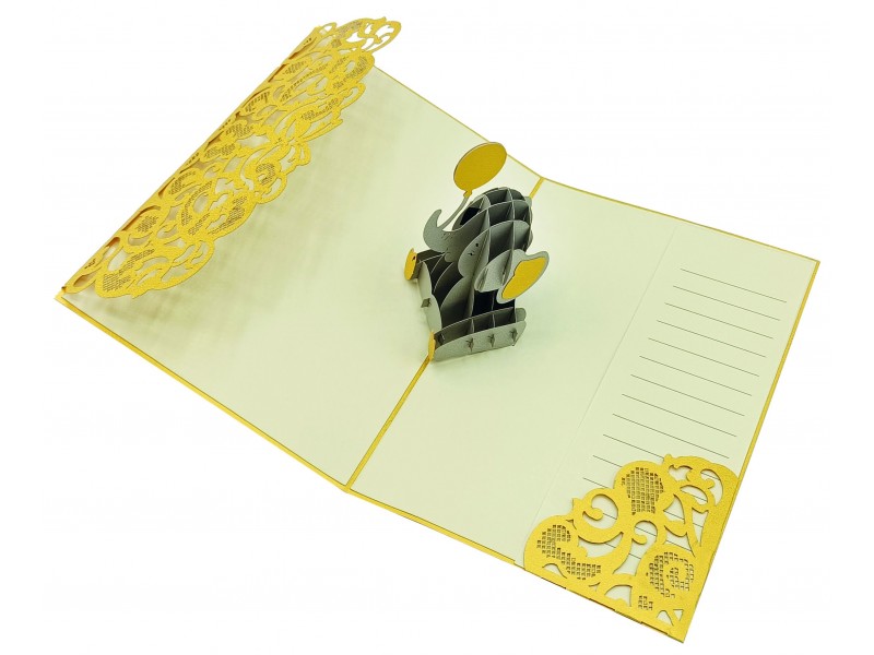 Biglietto nascita elefantino pop-up 3D giallo grigio elegante