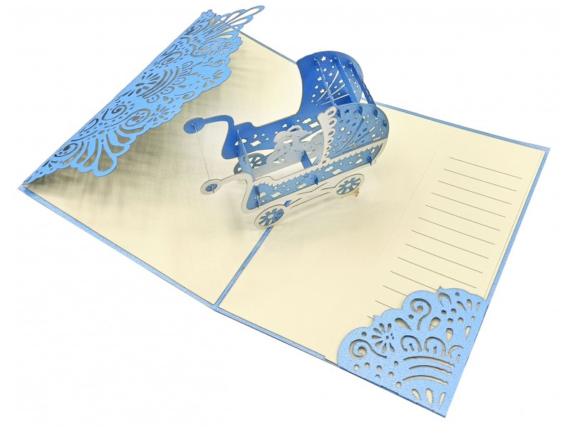 Biglietto nascita carrozzina azzurra pop-up 3D interno elegante