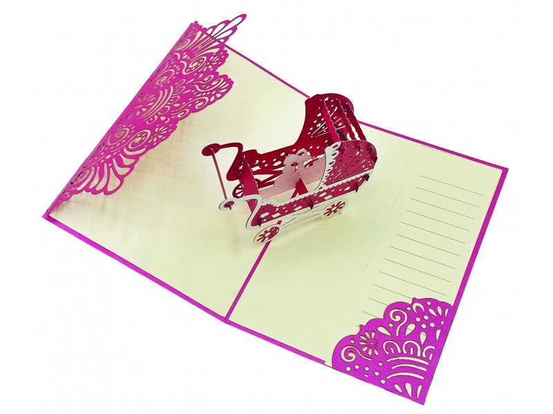 Biglietto Origami Girl Lux con carrozzina pop-up 3D rosa intagliata laser