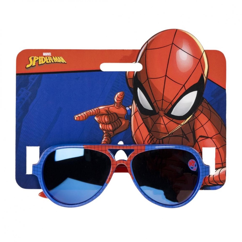 Occhiali da sole Spider-Man in confezione originale – Montatura blu e rossa con dettagli ragnatela e lenti scure.
