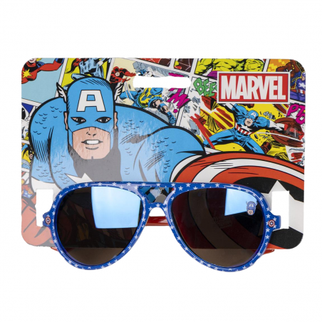 Confezione ufficiale Marvel degli occhiali Captain America, con illustrazioni in stile fumetto.