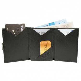 Portafoglio Exentri aperto con sei scomparti per carte, spazio per biglietti e banconote.