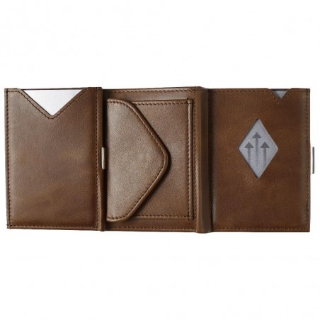 Interno del portafoglio Exentri marrone con scomparti per carte e monete.