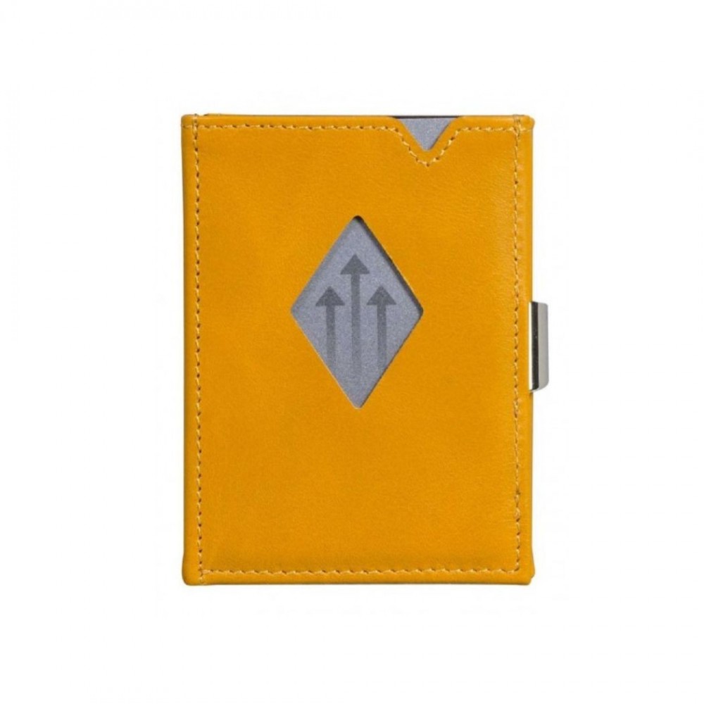 Portafoglio Exentri in pelle giallo con finestra di accesso rapido per carte e chiusura in acciaio.