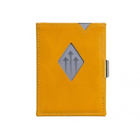 Portafoglio Exentri in pelle giallo con finestra di accesso rapido per carte e chiusura in acciaio.