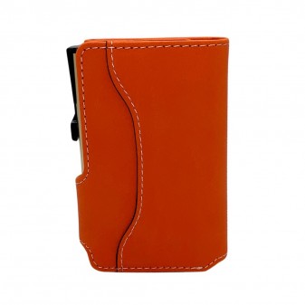 Retro del portafoglio arancione con tasca extra per carte o biglietti da visita. Finiture di alta qualità e cuciture a contrasto.