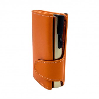 Portafoglio Trifold arancione vista laterale con sistema EasyCard dorato
