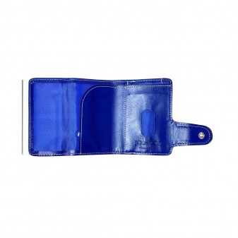 Portafoglio Trifold blu aperto con tasca portabanconote e vano trasparente