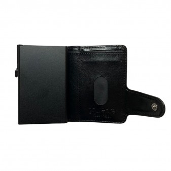 Interno del portafoglio Trifold nero con vano per documento e bottone a pressione