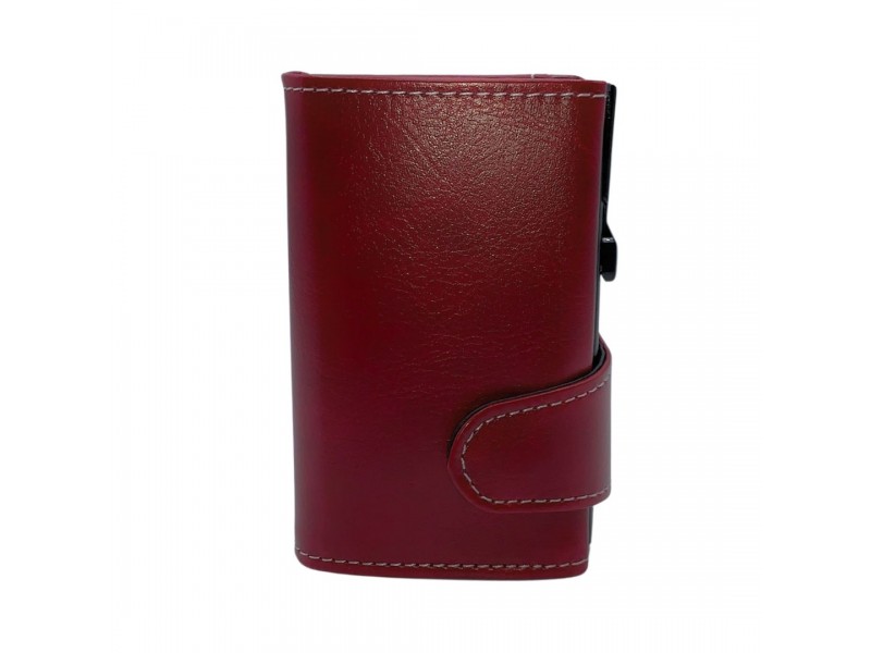 Portafoglio trifold rosso in pelle con chiusura a bottone, vista frontale