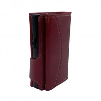 Portafoglio trifold rosso con portacarte nero, design elegante e compatto
