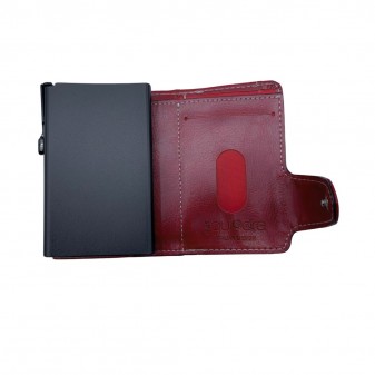 Interno portafoglio trifold rosso in pelle con scomparto porta documenti