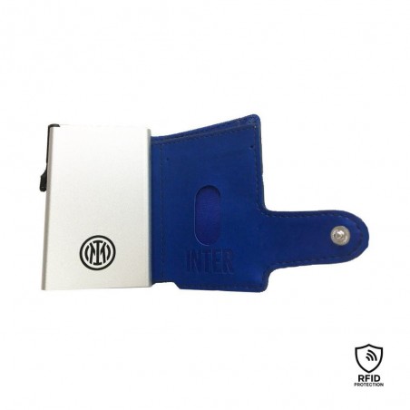 Interno del portacarte Inter blu con meccanismo silver visibile e logo inciso