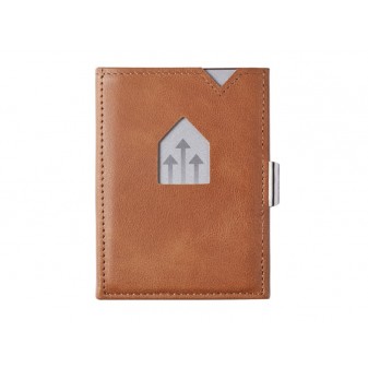 Vista frontale portafoglio e porta carte Exentri in vera pelle color cognac con design compatto e sicurezza RFID
