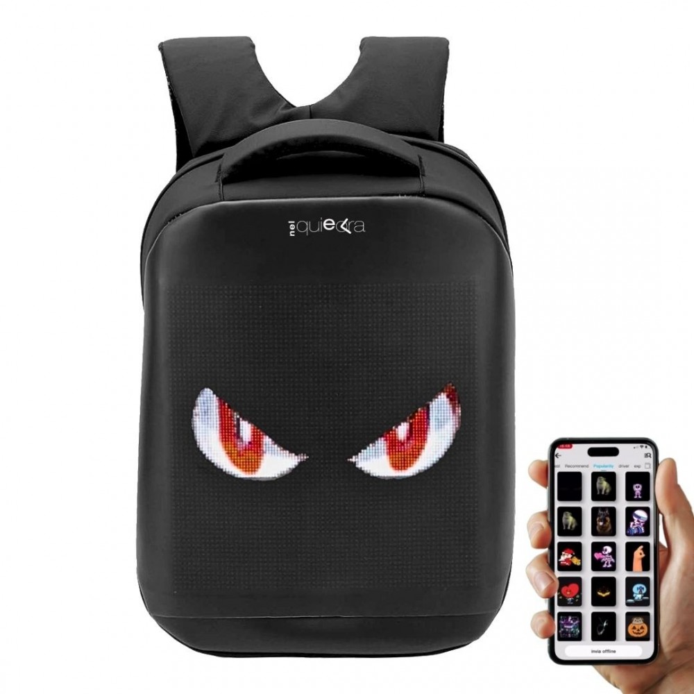 Zaino smart con schermo LED frontale che mostra occhi animati; controllo da app su smartphone.