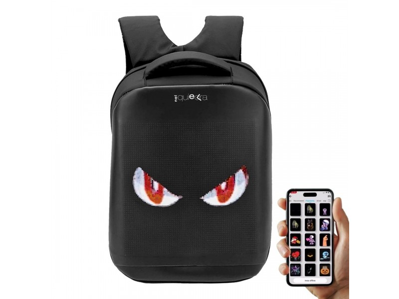 Zaino smart con schermo LED frontale che mostra occhi animati; controllo da app su smartphone.