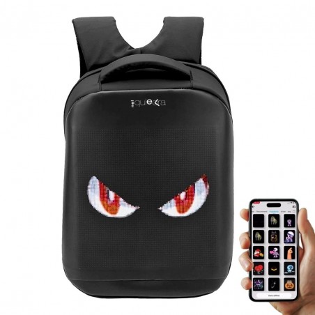 Zaino smart con schermo LED frontale che mostra occhi animati; controllo da app su smartphone.