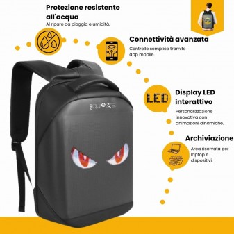 Vista laterale dello zaino LED con icone che evidenziano impermeabilità, connettività app, display interattivo e vano laptop.