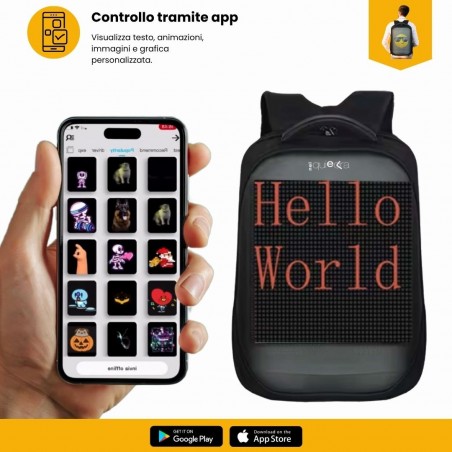 Mano che regge smartphone con app animazioni; zaino LED visualizza scritta ‘Hello World’, loghi Google Play e App Store.