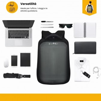Zaino LED al centro circondato da laptop, tablet, smartphone, penne e camicia: dimostrazione capacità porta-PC.