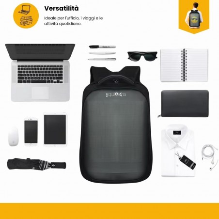 Zaino LED al centro circondato da laptop, tablet, smartphone, penne e camicia: dimostrazione capacità porta-PC.