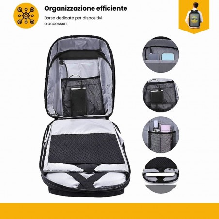 Interno dello zaino LED completamente aperto con tasche per laptop, power bank e accessori organizzati.