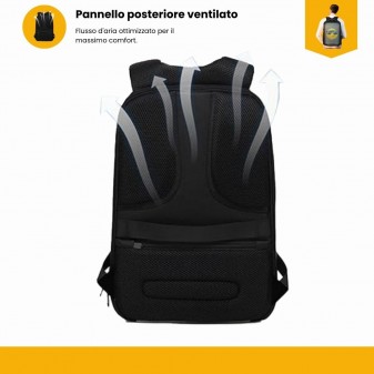 Retro dello zaino LED con pannello posteriore ventilato; frecce indicano flusso d’aria per comfort.”