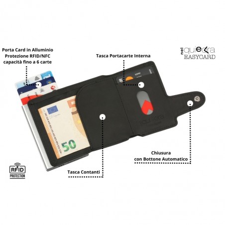 Vista interna del portafoglio EasyCard nero/silver con scomparti per carte, tasca contanti e protezione RFID.