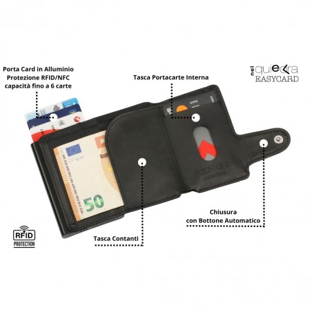 Portafoglio aperto con portacarte interno, tasca contanti, protezione RFID e bottone automatico.