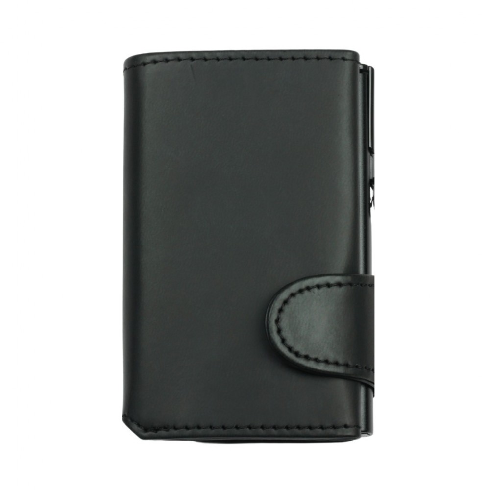 Vista frontale del portafoglio EasyCard Nero/Nero da chiuso, con chiusura a linguetta e design total black.