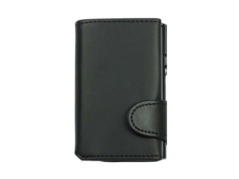 Vista frontale del portafoglio EasyCard Nero/Nero da chiuso, con chiusura a linguetta e design total black.