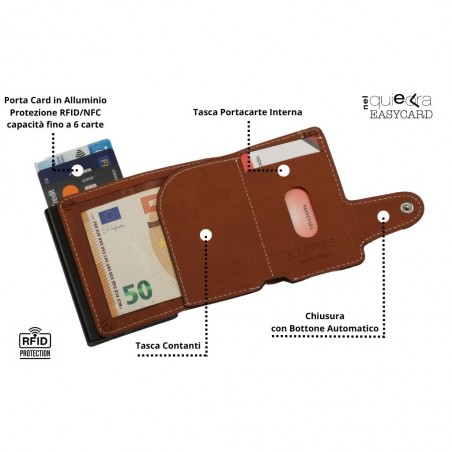 Vista interna del portafoglio EasyCard con tasca contanti, slot per carte e protezione RFID/NFC.