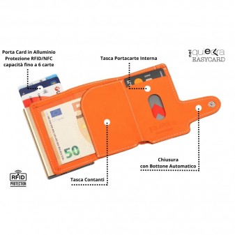 Portafoglio EasyCard arancione aperto con tasca contanti, slot interno per carte, protezione RFID e chiusura con bottone automatico.