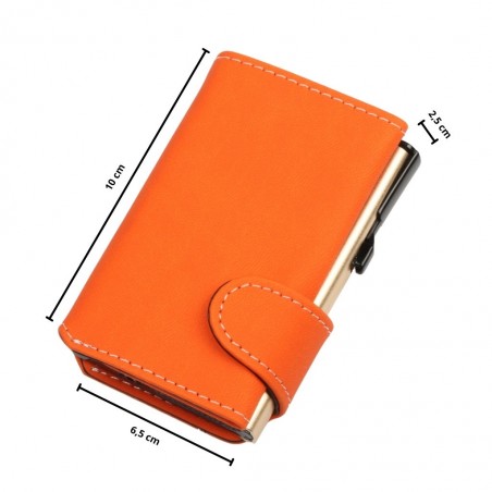 Portafoglio EasyCard compatto in finitura arancione con porta carte champagne, misure indicate: 10 cm × 6,5 cm × 2,5 cm.