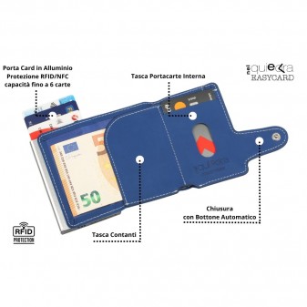 Portafoglio aperto in ecopelle blu con tasca contanti, porta carte interno, chiusura automatica e protezione RFID/NFC.