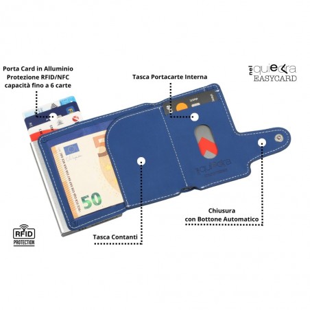 Portafoglio aperto in ecopelle blu con tasca contanti, porta carte interno, chiusura automatica e protezione RFID/NFC.