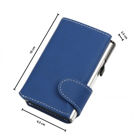 Portafoglio EasyCard blu royal con misure evidenziate: 10 cm altezza, 6,5 cm larghezza, 2,5 cm spessore.