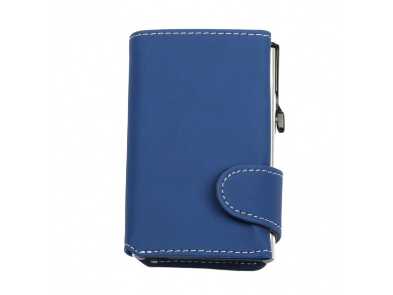 Vista frontale del portafoglio EasyCard blu royal da chiuso, con rifiniture bianche e meccanismo laterale in alluminio silver.